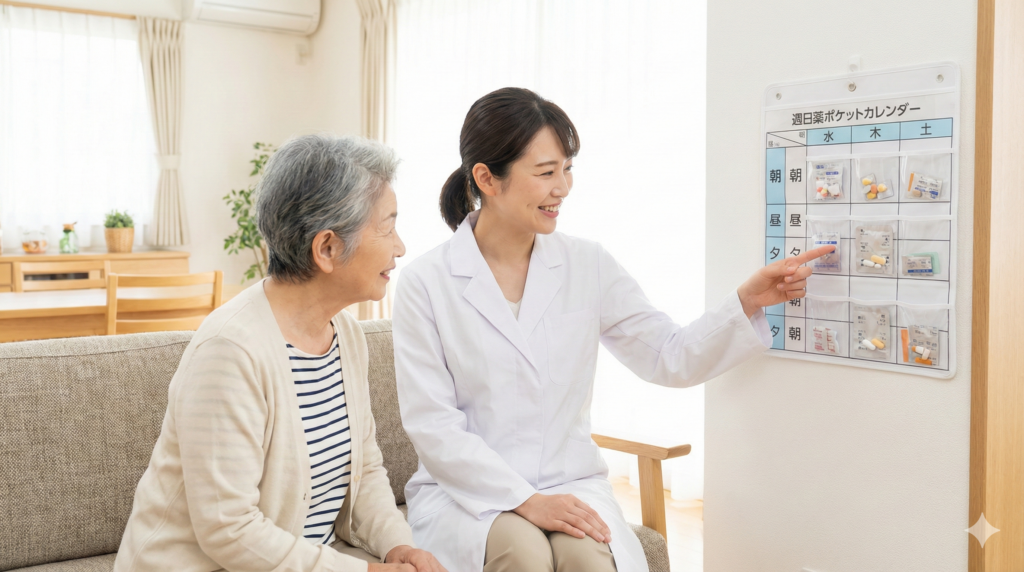 明るいリビングで、女性薬剤師が高齢の女性に壁掛けのお薬カレンダー（週間投薬ポケット）を指差して、笑顔で説明している様子。在宅訪問サービスによる服薬管理のイメージ写真。