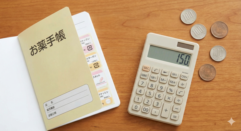 机の上に開かれた「お薬手帳」と、150と表示された電卓、100円玉と10円玉の硬貨。お薬手帳を活用することで医療費が節約できることを示すイメージ写真。