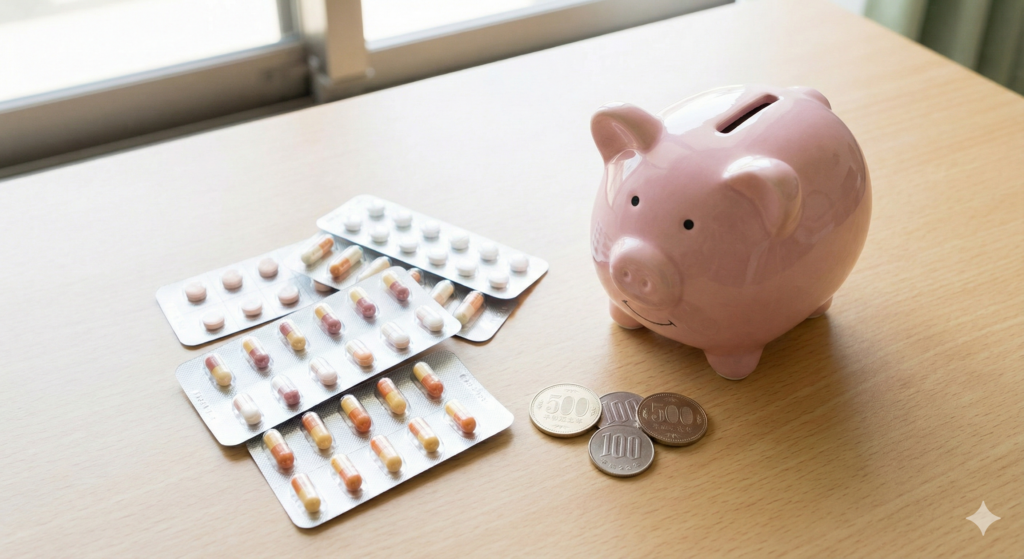 明るい窓辺のデスクに置かれたピンクの豚の貯金箱と、その横にある数種類の医薬品の錠剤シートと日本の硬貨。ジェネリック医薬品を選ぶことで医療費が節約できることを示すイメージ写真。