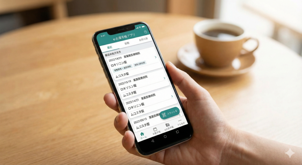 カフェのテーブルで、スマートフォンのお薬手帳アプリ(e-お薬手帳)の画面を開いている様子。処方された薬の履歴(ロキソニン錠、ムコスタ錠など)が表示されている。紙の手帳の代わりとしてアプリも利用可能であることを示すイメージ。