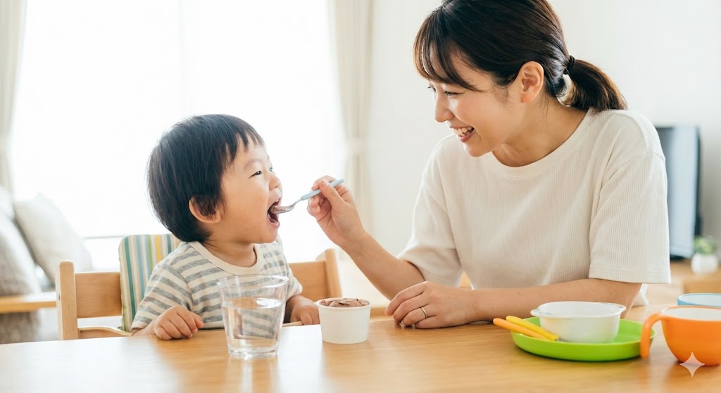明るいリビングで、笑顔の母親が小さな子供にスプーンでチョコアイスをあげている様子。子供は嫌がらずに口を大きく開けて食べている。薬をアイスに混ぜて飲ませる成功例のイメージ写真。