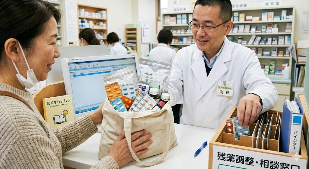 自宅で余ってしまった薬（残薬）を紙袋に入れて薬局に持参し、薬剤師に確認してもらっている様子。