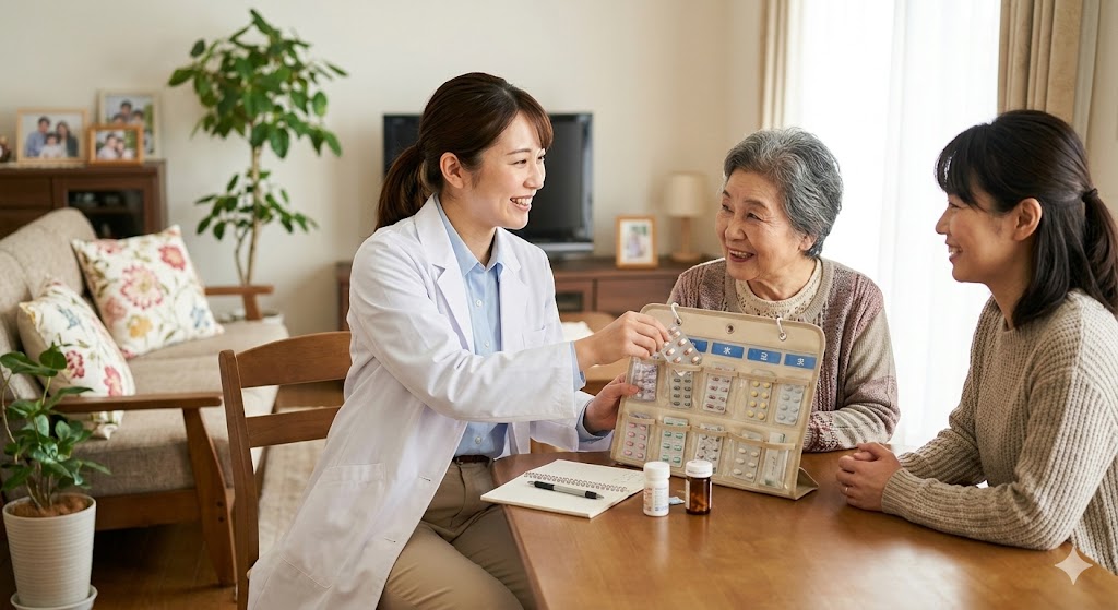 患者様の自宅リビングで、訪問薬剤師がお薬カレンダーに薬をセットし、ご家族と笑顔で会話する様子