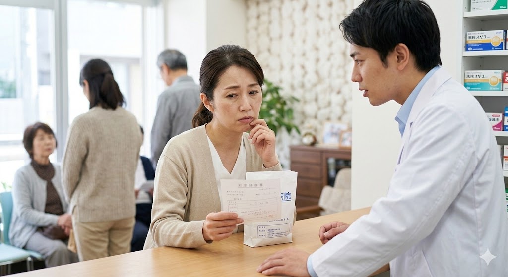 薬局のカウンターで、少し疲れた様子の患者様（40〜50代女性など）が、薬剤師の「今日はどうされましたか？」という質問に、一瞬戸惑ったり、少しモヤッとした表情を浮かべたりしている様子。