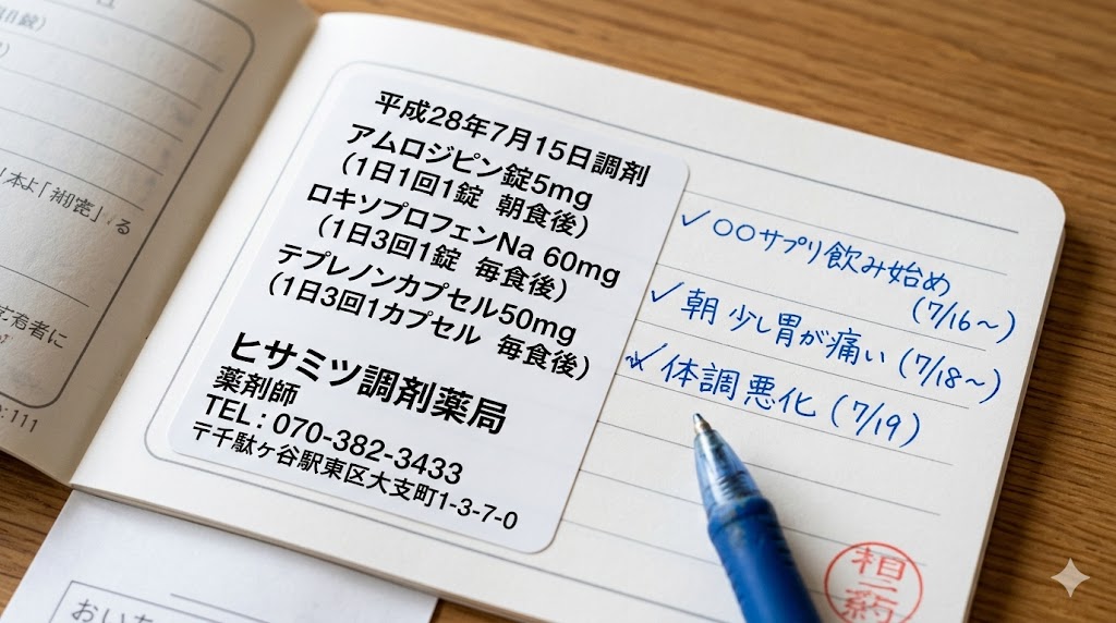 お薬手帳の余白に、患者自身で市販のサプリメントや体調の変化を手書きでメモしている様子。
