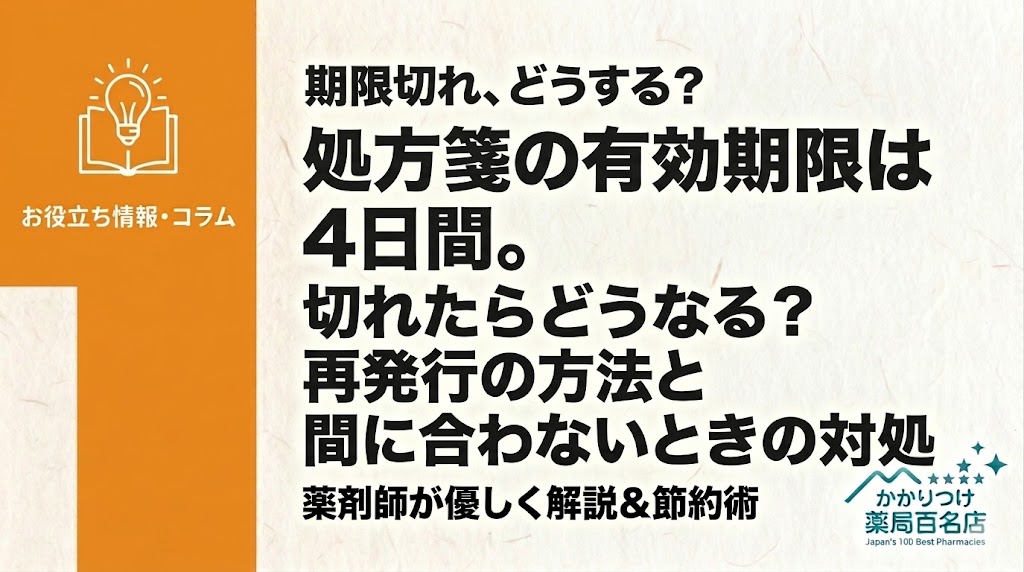 処方箋の有効期限と期限切れ後の対処（再発行、間に合わないとき）について解説するブログ記事のサムネイル。左側に本と電球のアイコンと「お役立ち情報・コラム」のカテゴリー帯 。右側の和紙風背景には、太字の灰色テキストで「期限切れ、どうする？」、「処方箋の有効期限は」、「4日間。」、「切れたらどうなる？」、「再発行の方法と」、「間に合わないときの対処」、「薬剤師が優しく解説＆節約術」と書かれている。下部にはロゴが入っている